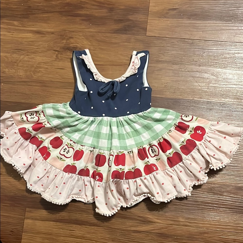 Girls' Apple Print Dress with Navy Top